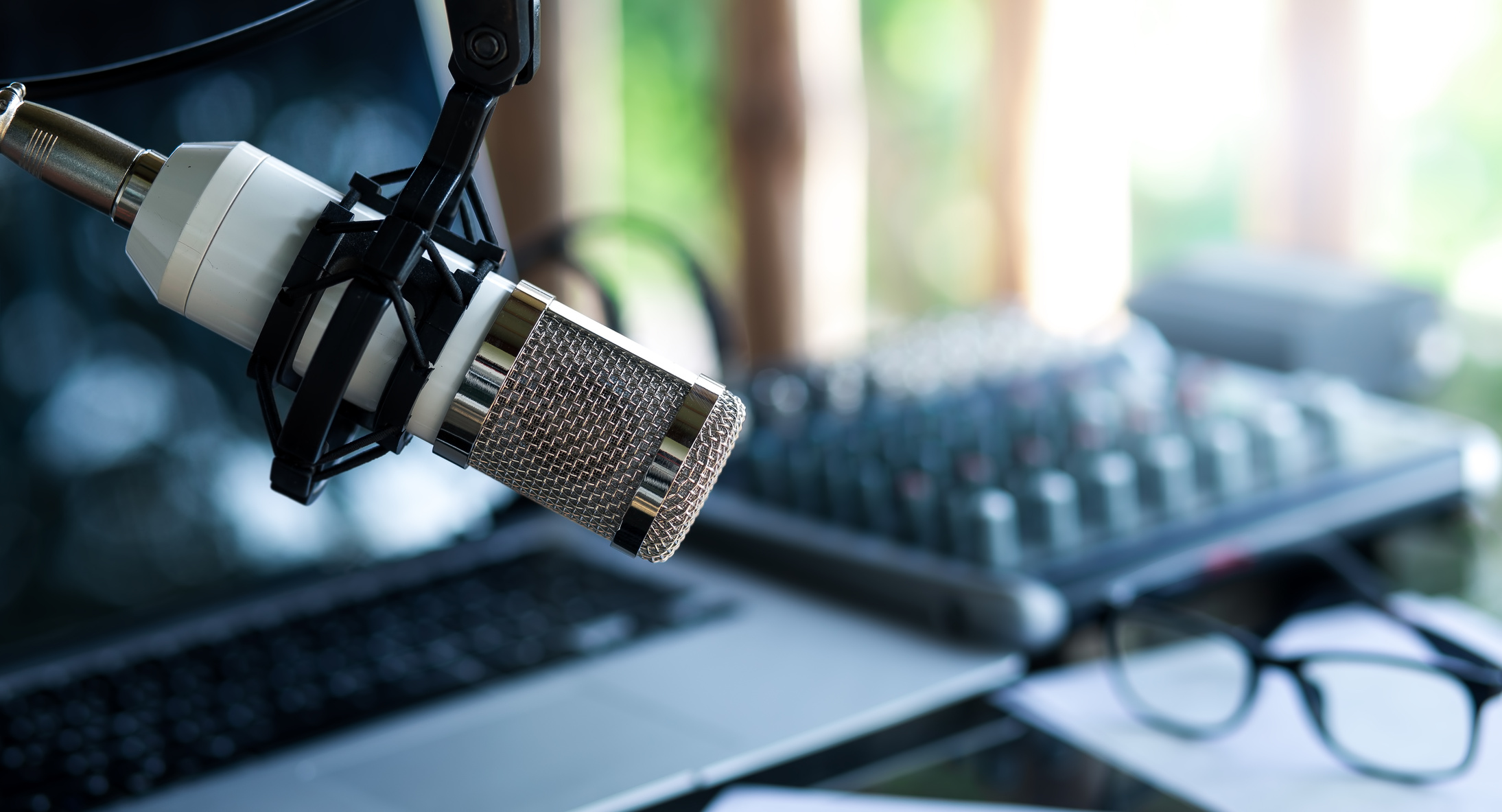 Podcast studio interior. Small home room for podcaster. Close up